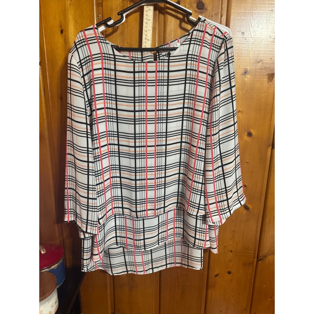 Chaus New York Womens XL Plaid Layered Hem Blouse Pink Black White 3/4 Sleeve